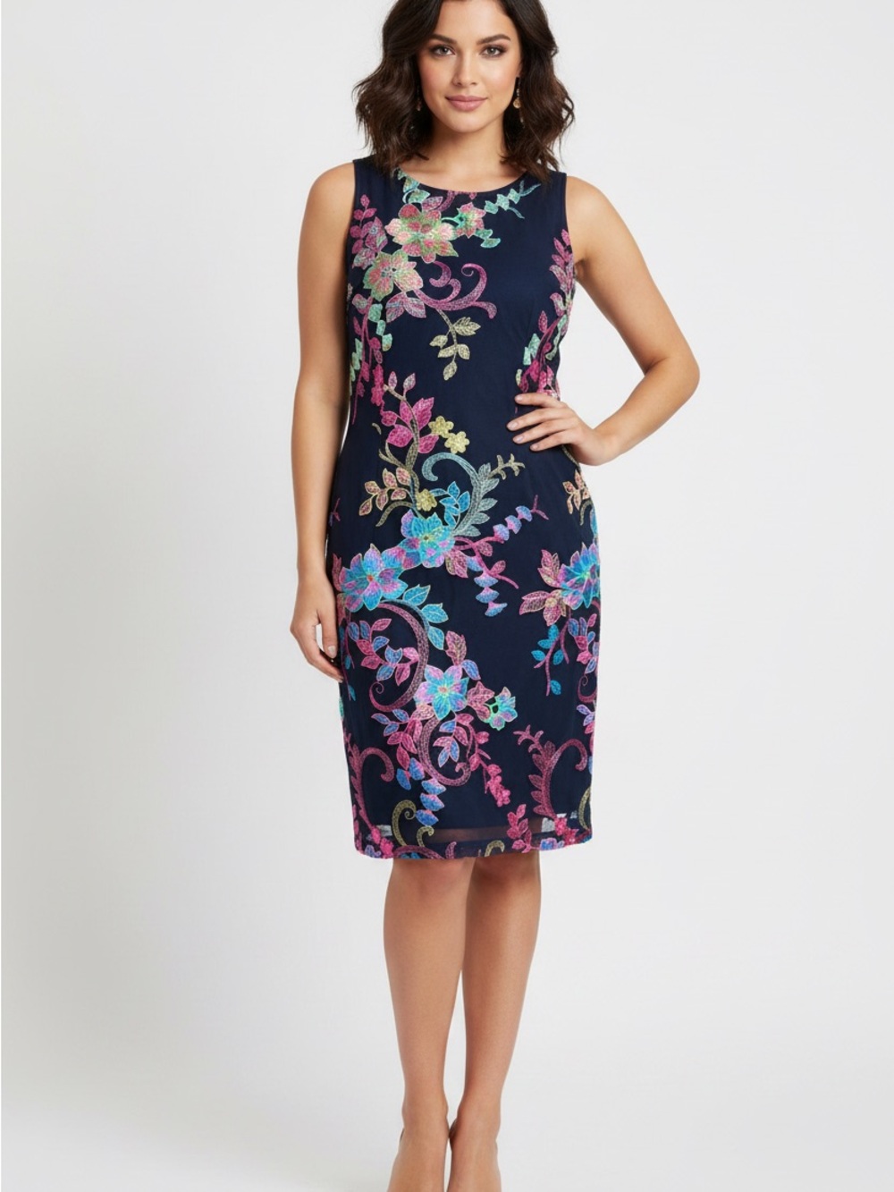 Sandra Darren Navy Sleeveless Sheath Dress with Multicolor Floral Embroidery